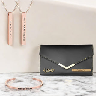 Friendship Day Combo for Her: Leather Clutch,  Rose Gold Adjustable Kada, & Pendants