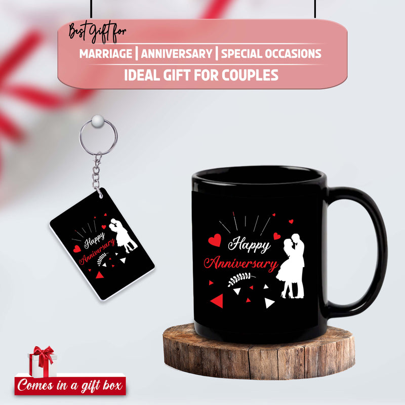 Anniversary-Black Patch Mug & Keychain with Happy Anniversary Quote Printed.