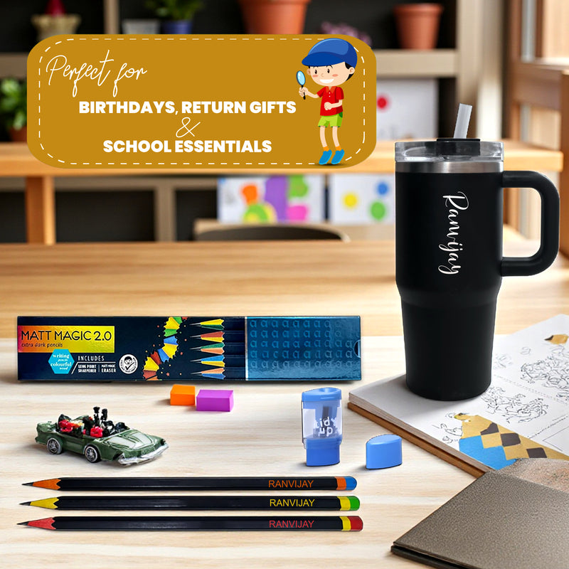 Kids Mini Tumbler 500 ml Black with Engraved Name + Pencil Set.