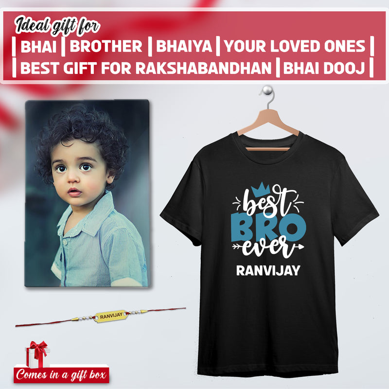 Rakhi Combo: Engraved Rakhi, Photo Frame & Bro Quote T-Shirt.