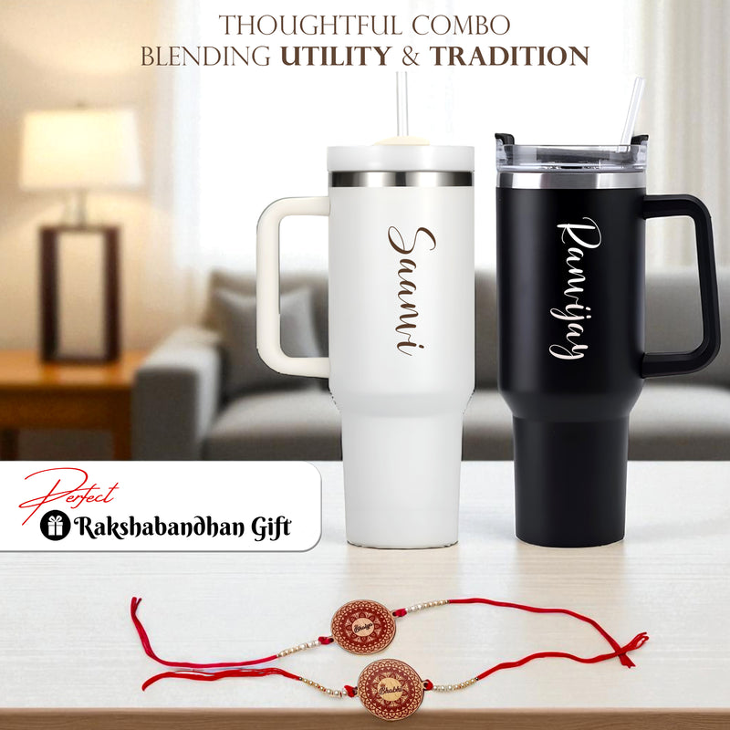 Personalized Bhaiya Bhabhi Rakhi Gift – Custom Black & White Straw Tumblers (Set of 2) + Bhaiya-Bhabhi Rakhi.