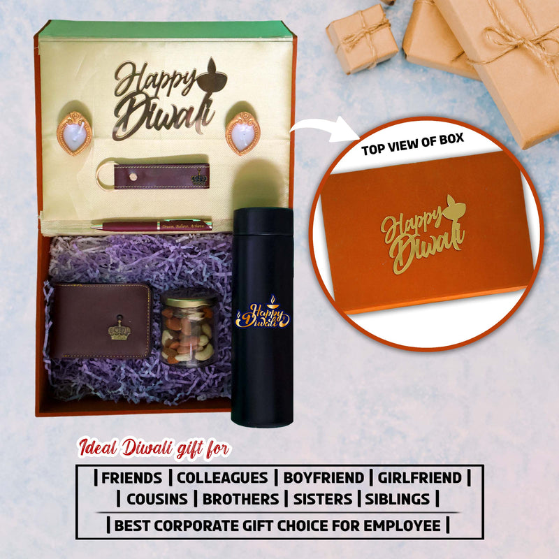 Diwali Gift Set – Men's Leather Wallet, King Charm, Keychain, Pen & 'Happy Diwali' Bottle.