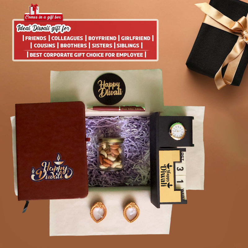 Diwali Gift Set -Pen,Diary & Pen Stand with 'Happy Diwali' Quote Engraved