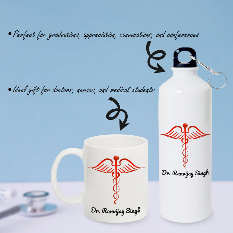 Doctor Gift Set –Custom Name Water Bottle & Ceramic Mug with Doctor Themed Design.