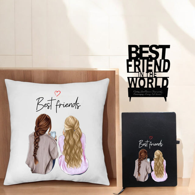 Female Friendship Day Combo -Cushion, Acrylic Stand & Black Leather Diary