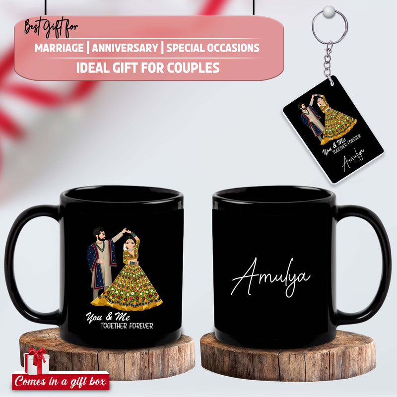 Black Mug & Keychain Set with Couple Caricature Design & Name –