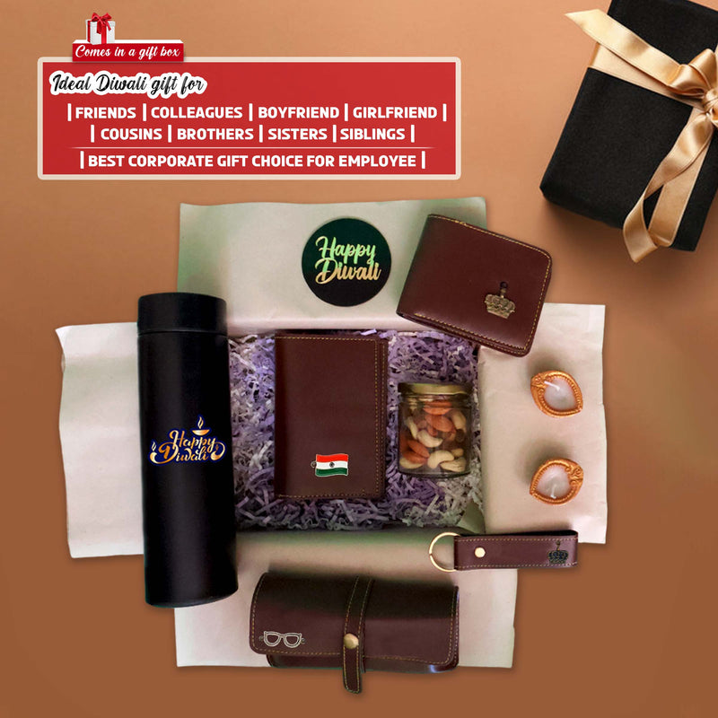 Diwali Gift Set - Men's Leather Wallet, Keychain, Eyewear Case, Passport Cover & 'Happy Diwali' Bottle