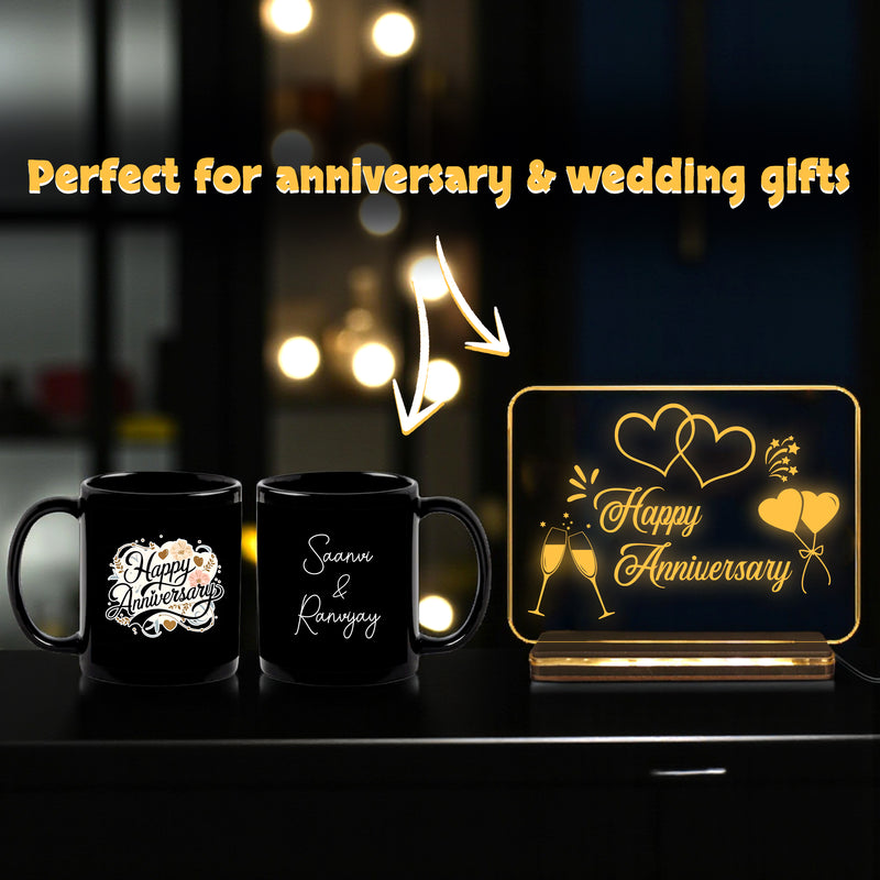 Personalized Happy Anniversary LED Night Lamp 4x6 inch & Customized Mug with Name – Acrylic Wooden Base Lamp