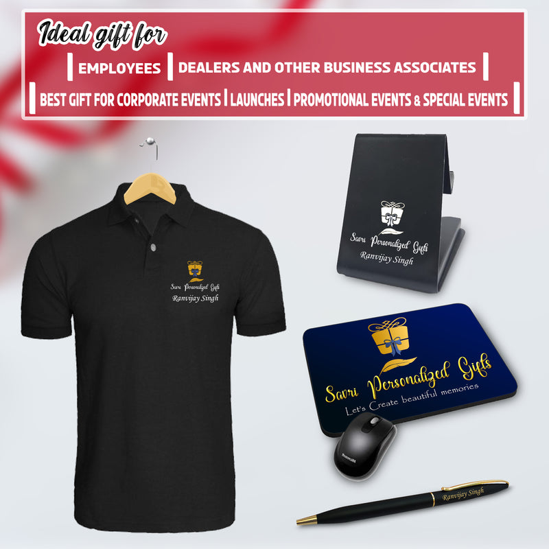 Executive Combo Set - Slim Pen, Metal Mobile Stand, Mouse Pad & Custom Polo T-Shirt.