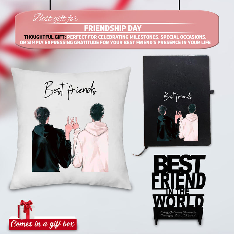 Friendship Day Male Gift Combo - Cushion, Acrylic Stand,& Black Leather Diary combo