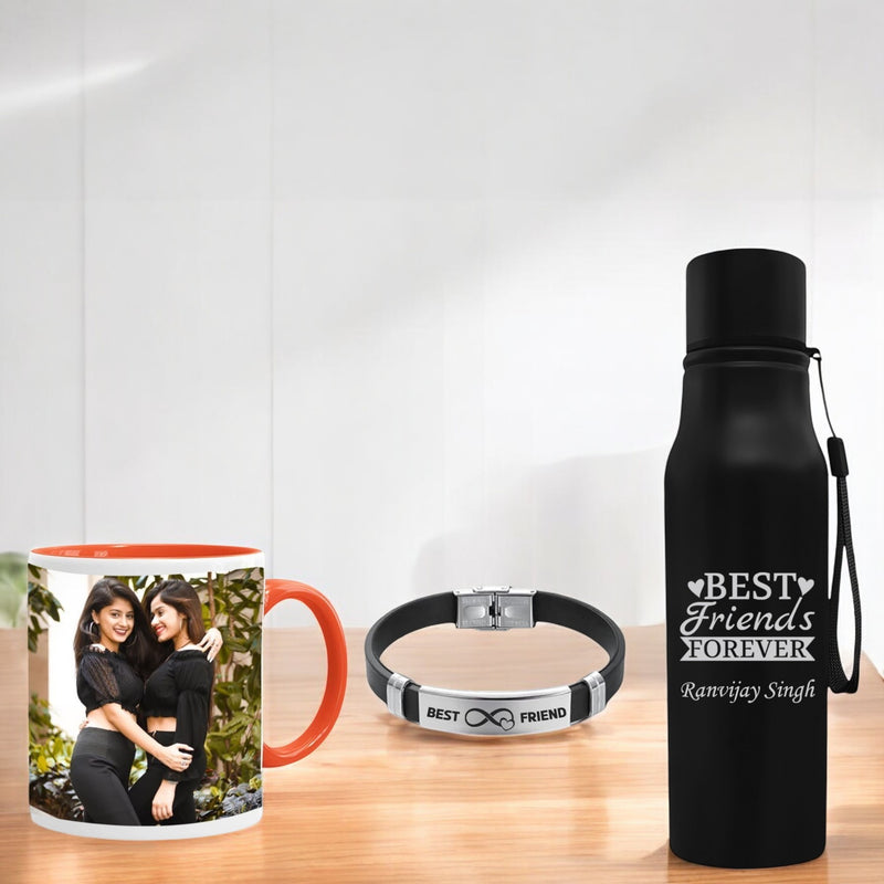 Personalized Friendship Day Set - Bracelet, Photo Mug, & Engraved Black Bottle.