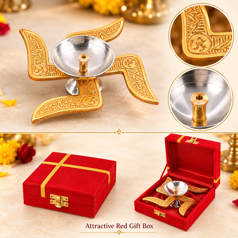Gifts Brass Swastik Diya with Red Gift Box | Traditional Pooja Deepak for Diwali, Housewarming & Gifting