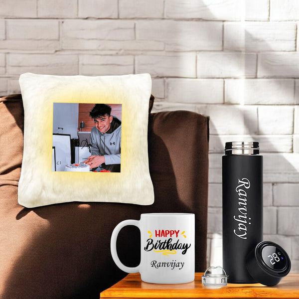 Birthday Gift Set: Custom Bottle, Mug & Photo LED Cushion