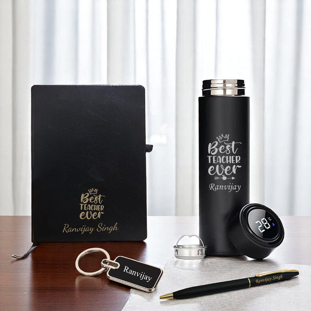 Teacher Gift Set-Metal Keychain, Temp Black Bottle,Black-Gold Slim Pen,& A5 Black Diary.