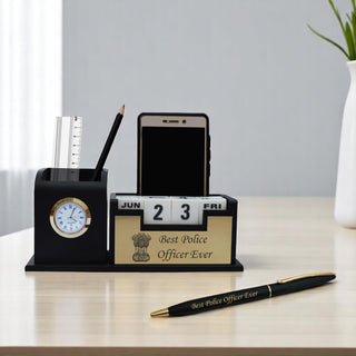 Police Officer Set - Pen with 'Best Police Officer' Engraved & Pen Stand with Ashok Stambh Logo