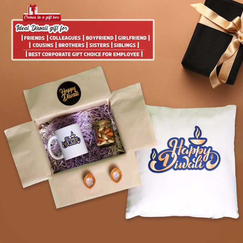 Diwali Gift Set - Ceramic Mug & Satin Cushion.