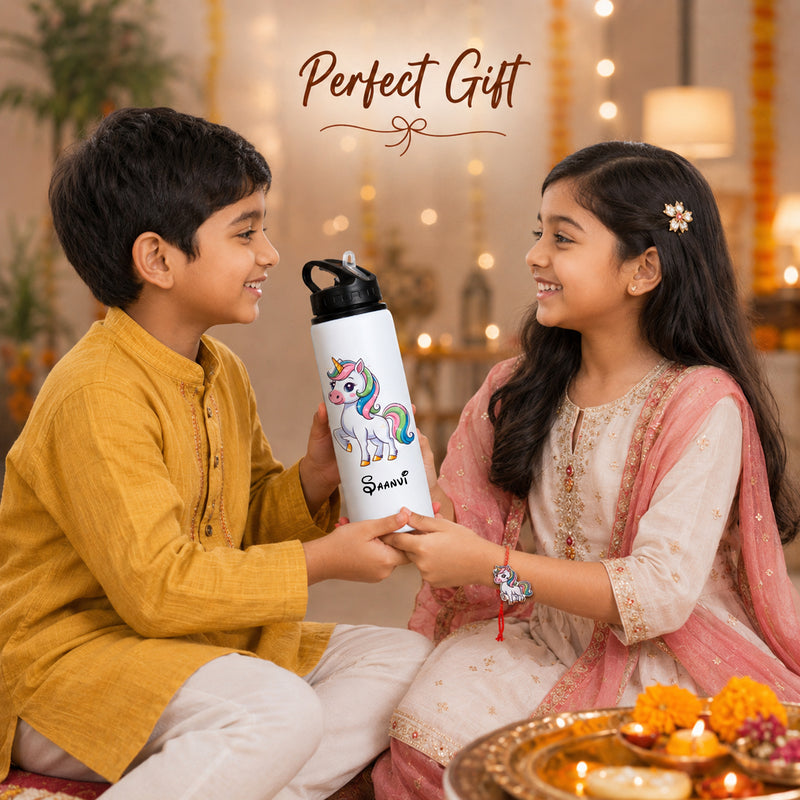 Customized 750 ML Aluminium Sipper Bottle with Name & Favourite Cartoon Print & Personalized Cartoon Caricature Rakhi (Copy)