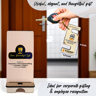 Wooden Mobile Stand and Custom Keychain Set – Engraved with Name and Company Logo