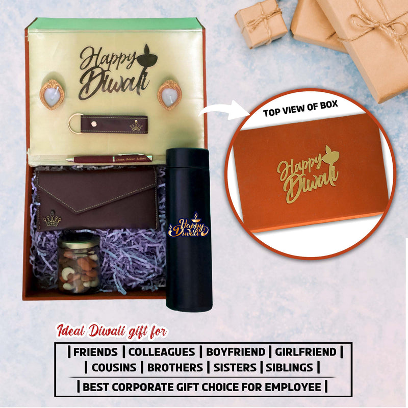 Personalized Gift Set for Women for Diwali – Clutch, Leather Keychain, Metal Pen, Black Bottle with 'Happy Diwali' Quote
