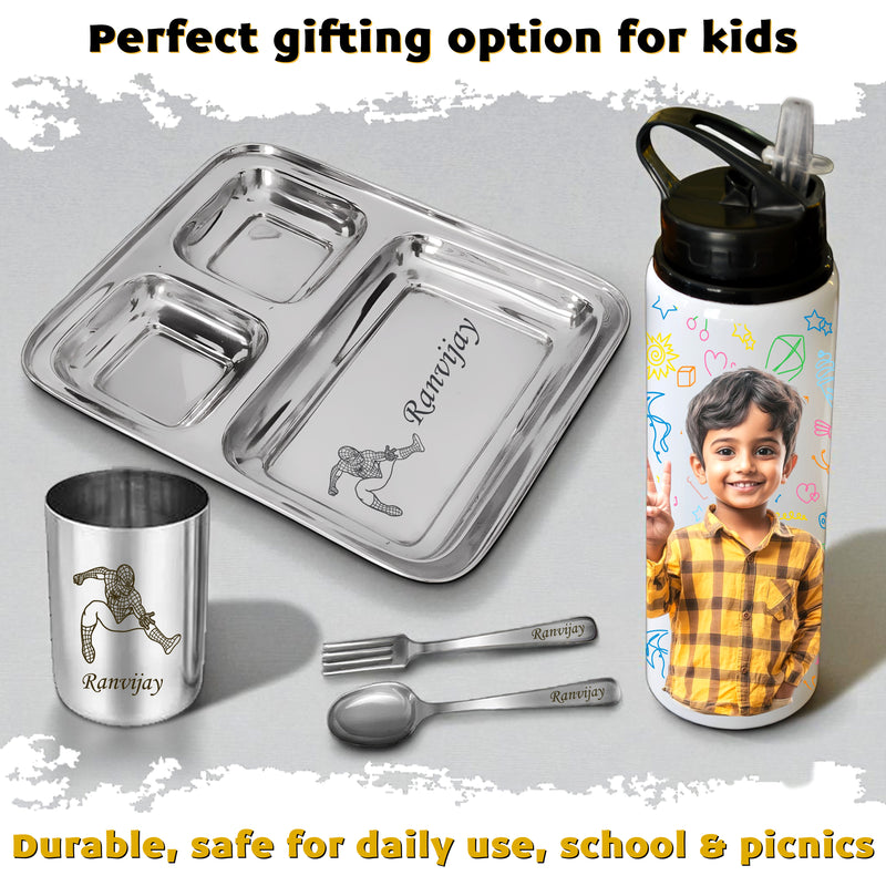 Personalized Kids Steel Plate Set with Cartoon & Name + Custom Photo Sipper Bottle