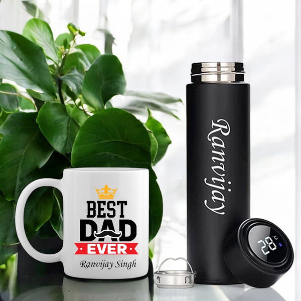 Father's Day Special - Black Bottle with Name Engraved & 'Best Dad Ever' Quote Coffee Mug Set.