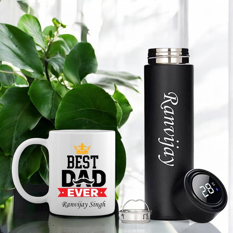 Father's Day Special - Black Bottle with Name Engraved & 'Best Dad Ever' Quote Coffee Mug Set.