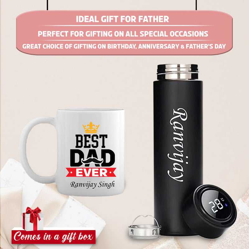 Father's Day Special - Black Bottle with Name Engraved & 'Best Dad Ever' Quote Coffee Mug Set.