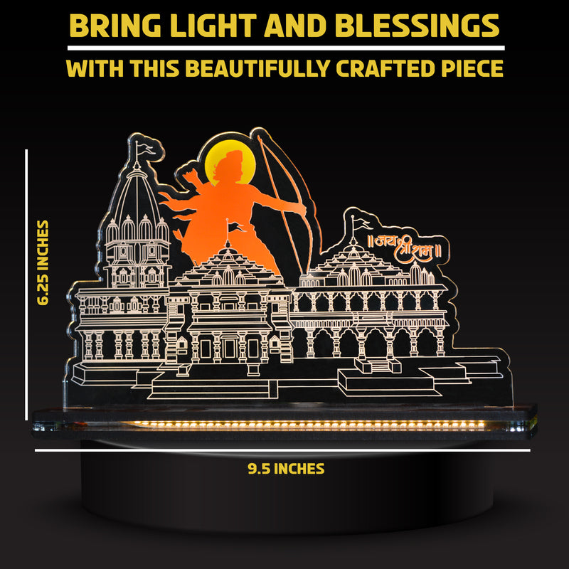 Acrylic Ram Mandir Miniature with LED Light & Wooden Base