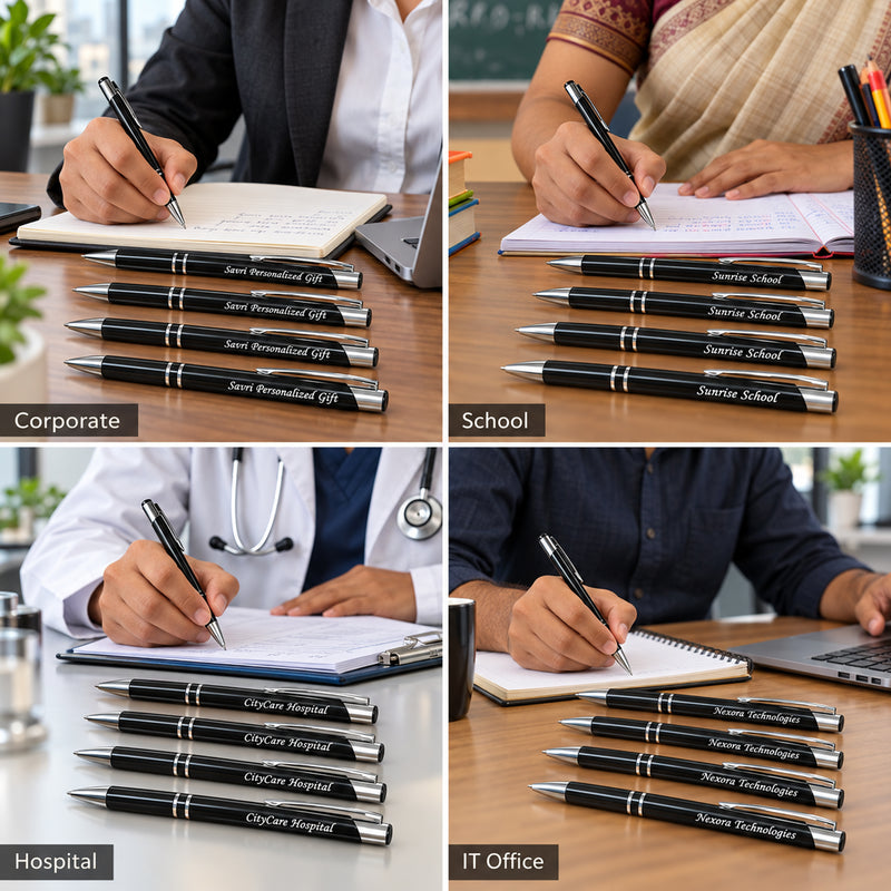 Personalized Metal Ballpoint Pens with Company Name Printed | Black Pen Pack of 5 | Refillable Corporate Pens