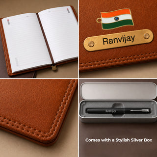 Customized Brown Diary & Branded Parker Roller Pen Gift Set with Name Engraved.