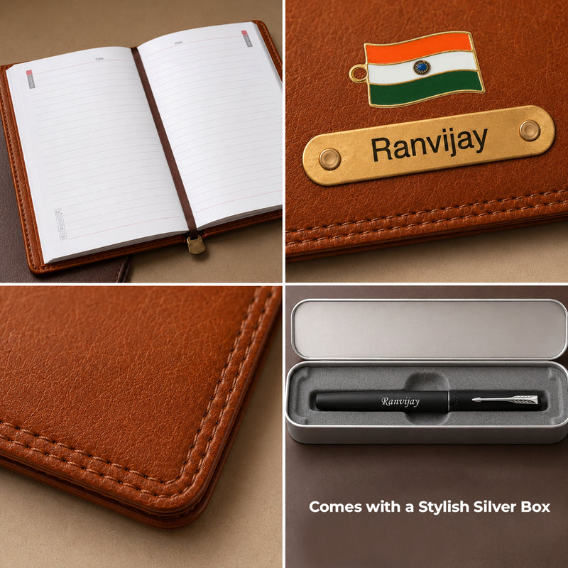 Customized Brown Diary & Branded Parker Roller Pen Gift Set with Name Engraved.