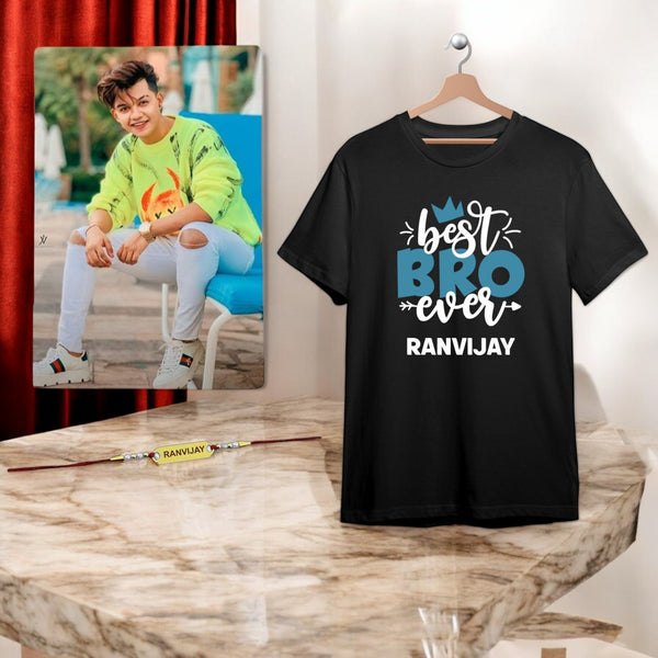 Personalized Rakhi Combo: Photo Frame, Name Rakhi & Best Bro T-Shirt.