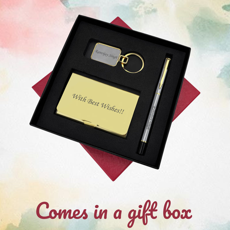 Golden Corporate Gift Set - Custom Engraved Pen, Keychain & Card Holder