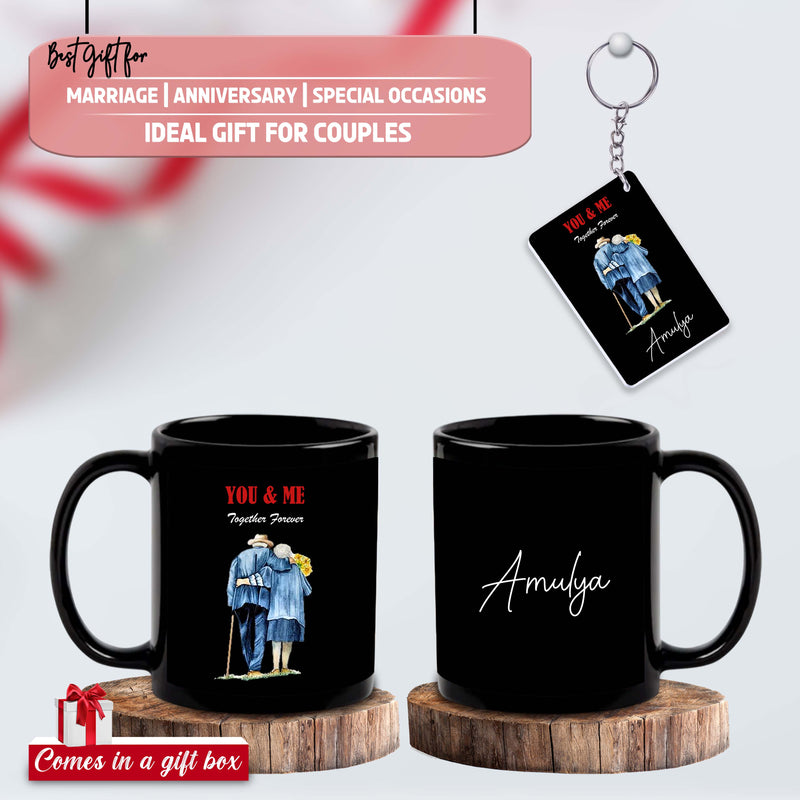 Anniversary Combo – Black Mug & Keychain with You and Me Quote and Old Couple Design with Name Printed.