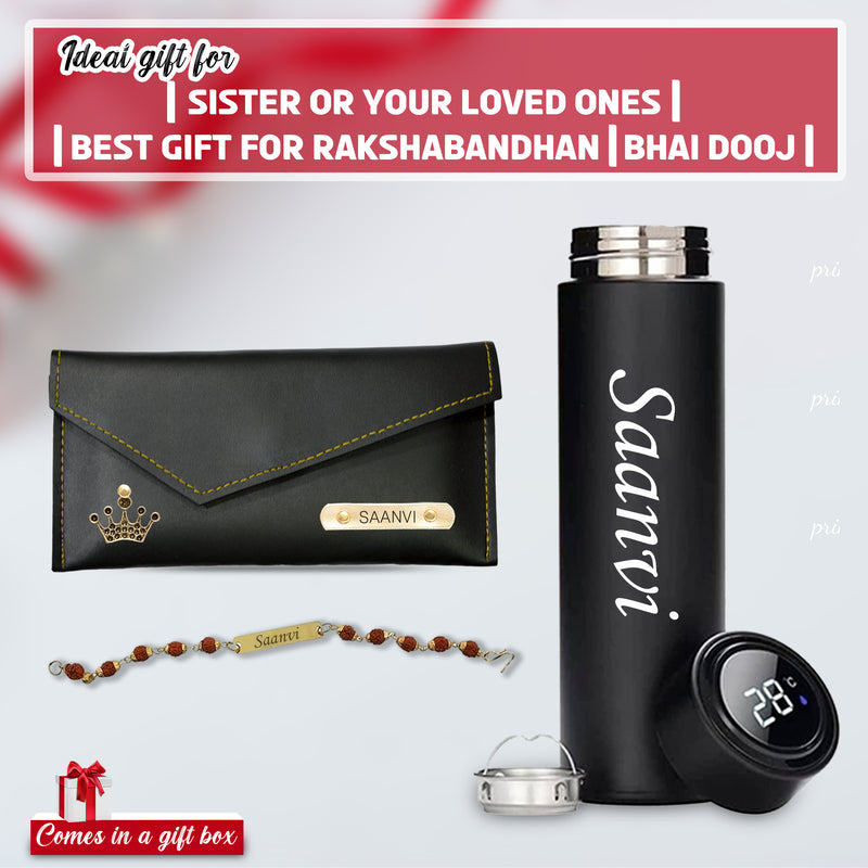 Rakshabandhan Gift: Leather Clutch, Temp Bottle & Name Rakhi.