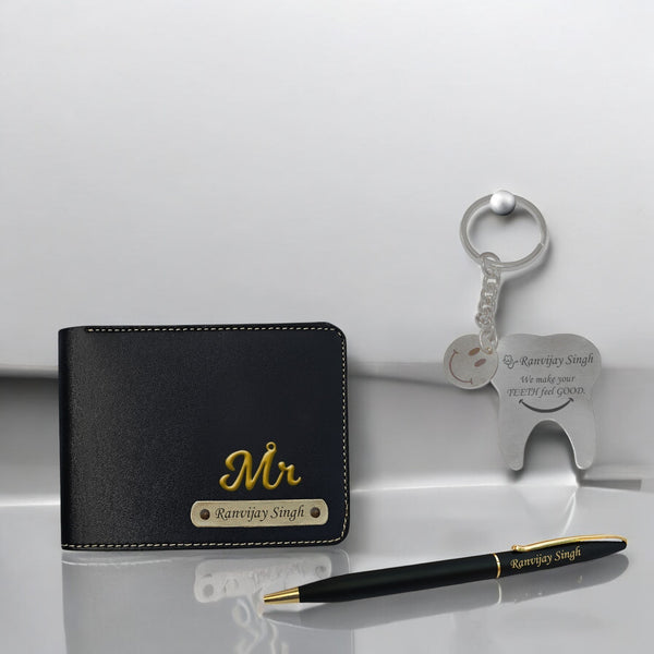 Dentist Combo-Keychain with Dentist Logo, Dental Symbol Pen & Wallet-Customized with Your Name