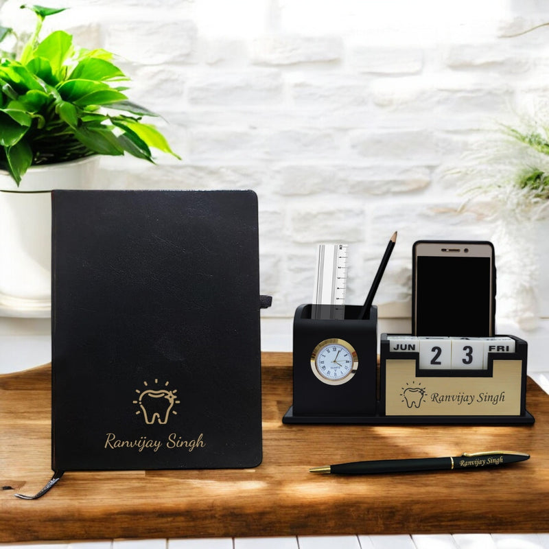 Dentist Professional's Set- Black-Gold Slim Pen, Pen Stand 1.0 with Date & Clock (Dentist Logo), and A5 Black Diary