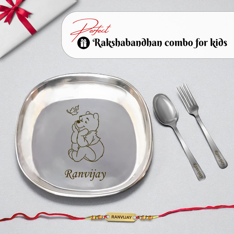 Rakhi Gift Combo – Personalized Square Plate Set with Foil Rakhi.