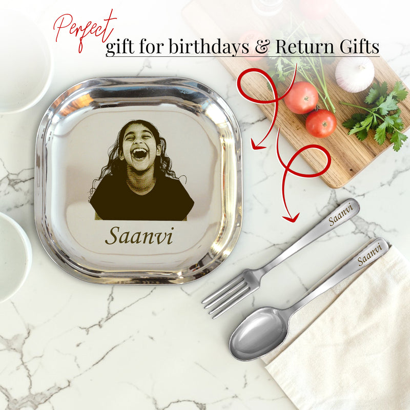 Personalized Stainless Steel Plate Set for Kids with Photo & Name | Custom Kids Dinner Set