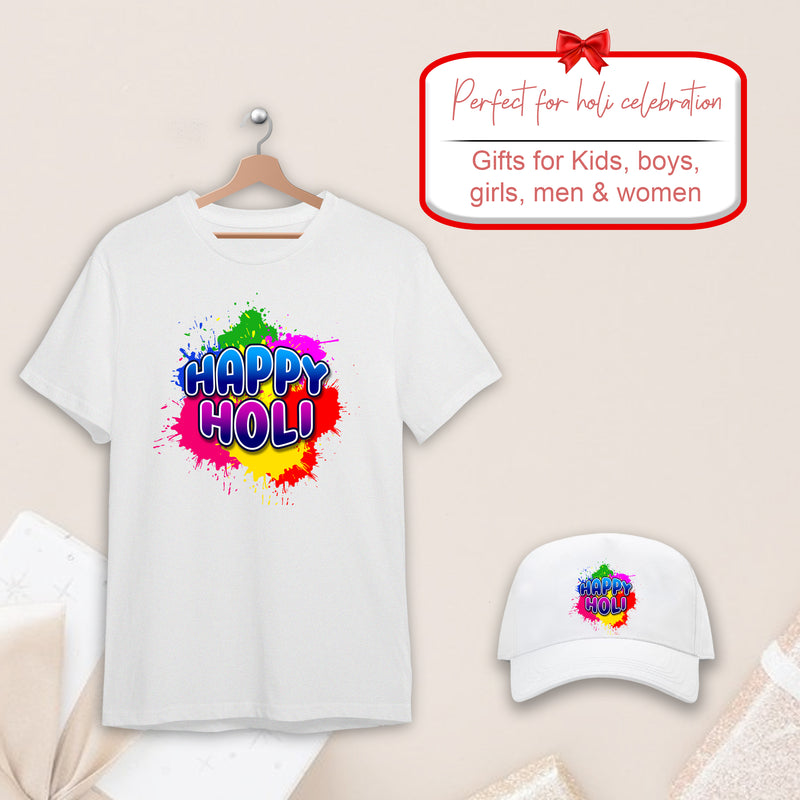 Holi T-Shirt & Cap Combo – Colorful Holi Festival Clothing for Men, Women & Kids –