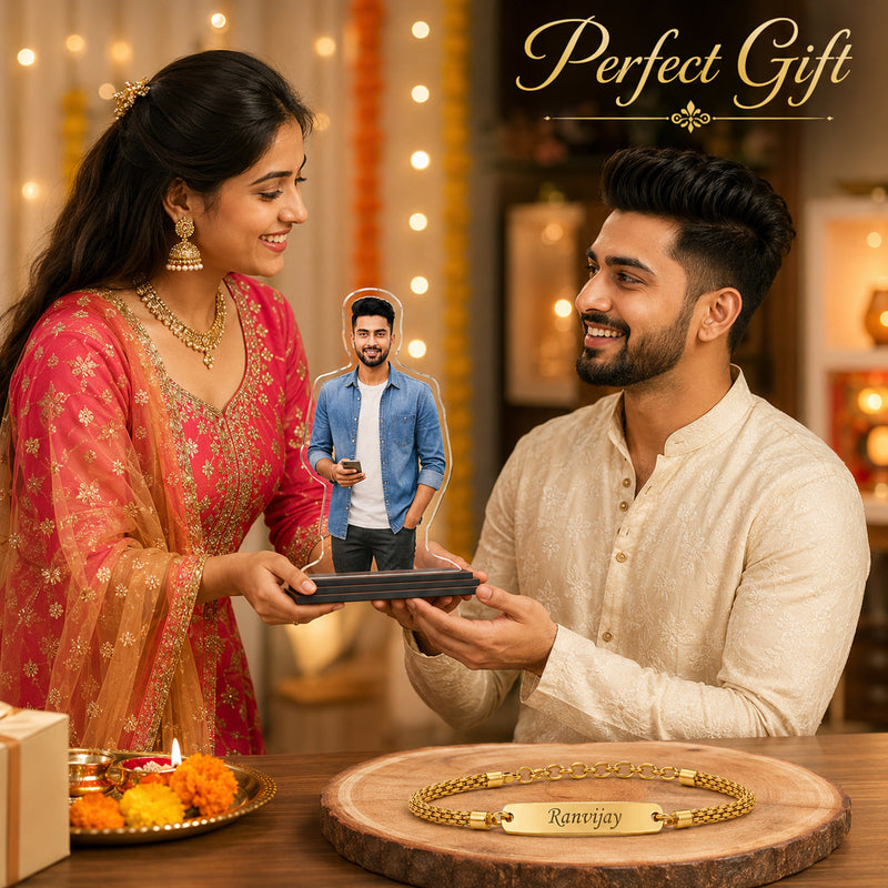 Customized Chain Rakhi with Name Engraving & Customized 6 x 8 Inch Acrylic Photo Cutout with Favourite Picture Printed