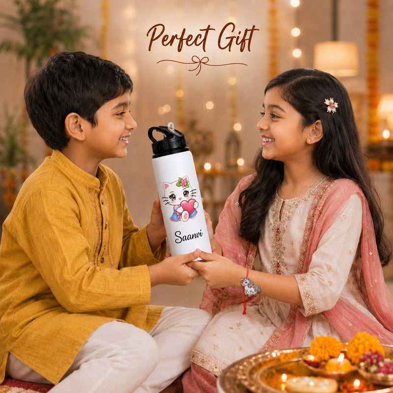 Customized 750 ML Aluminium Sipper Bottle with Name & Favourite Cartoon Print & Personalized Cartoon Caricature Rakhi