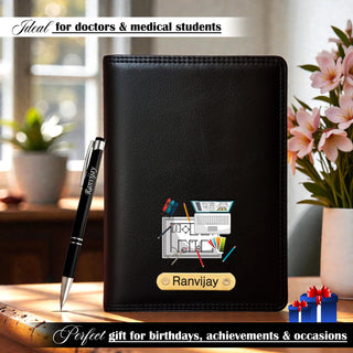 Customized Black Leather Diary with Coloured Logo Embossed & Name Engraved Pen.