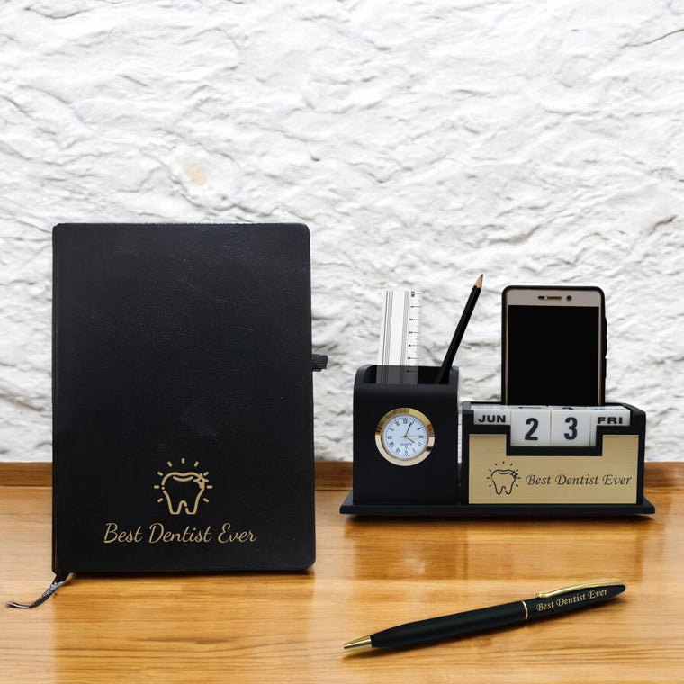 Exclusive Dentist Gift Combo – Pen, Stand, and Diary with ‘Best Dentist Ever’.