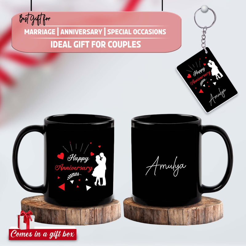 Anniversary Combo – Black Mug & Keychain with Happy Anniversary Quote & Name Printed