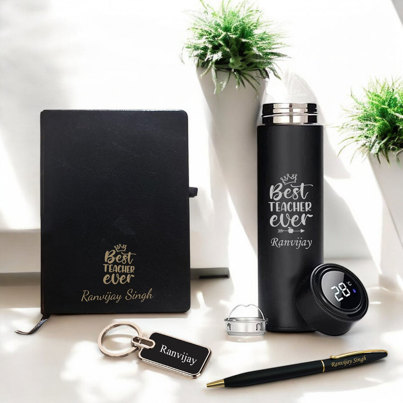 Teacher Gift Set-Metal Keychain, Temp Black Bottle,Black-Gold Slim Pen & A5 Black Diary