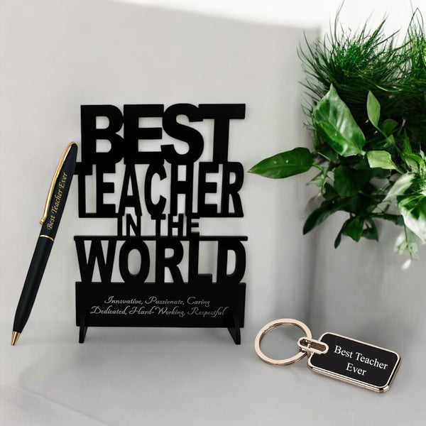 Premium Teacher Gift Set: Engraved Keychain, Elegant Pen & Acrylic Stand