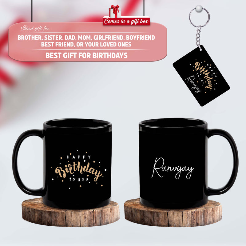 Birthday Gift Combo – Black Ceramic Coffee Mug &  Acrylic Keychain with 'Happy Birthday' Quote & Custom Name Printed.