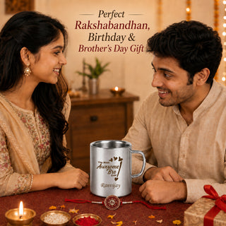 Customized Stainless Steel Mug with Name and Rakhi for Brother 220 ml.