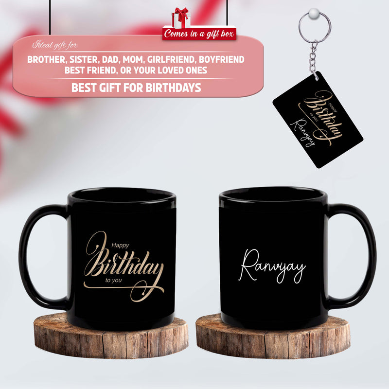 Birthday Gift Combo – Black Ceramic Coffee Mug & Acrylic Keychain  with 'Happy Birthday' Quote & Custom Name